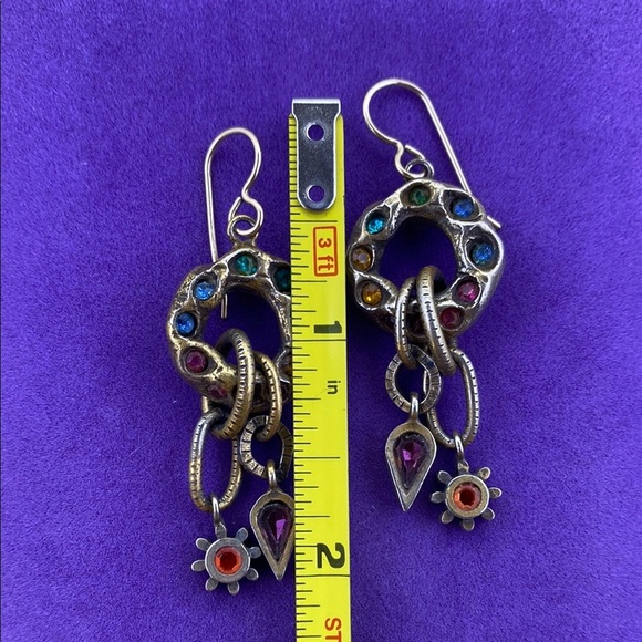 💛 Classic Brass Multi Colour Gemstone Dangle Earrings - Picture 2 of 5